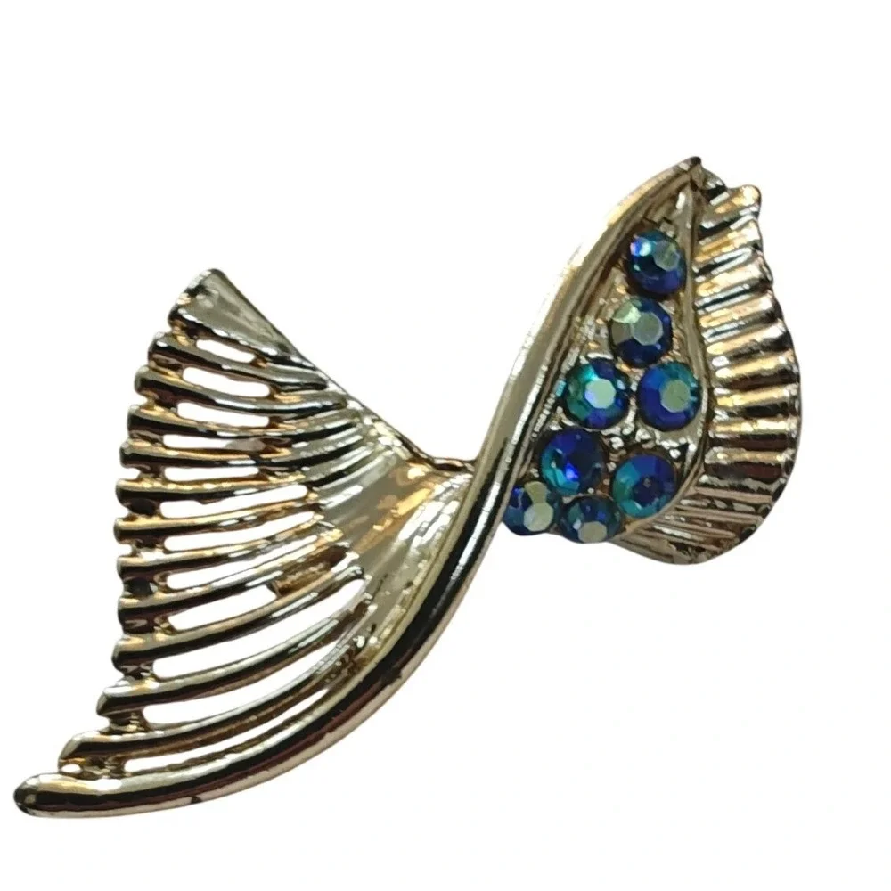 Brooch Gold Teal Blue AB Rhinestone Abstract Wing Fan Vintage Style Pin